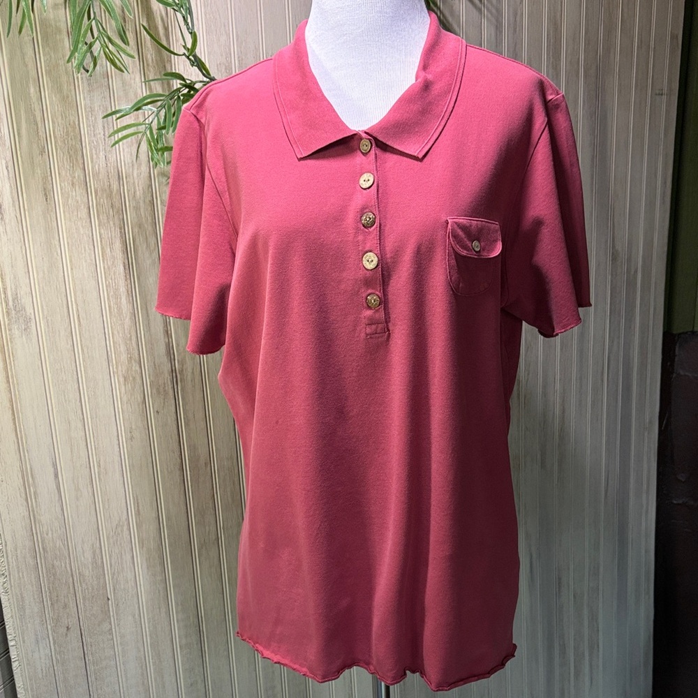 J. Jill Brick Red Button Down Polo Shirt XL, EUC, Wood Coconut Buttons, Raw Edge